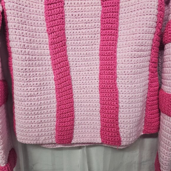 Handmade Pink Sweater Striped Colorblock Knit Pullover S/M - Picture 11 of 12